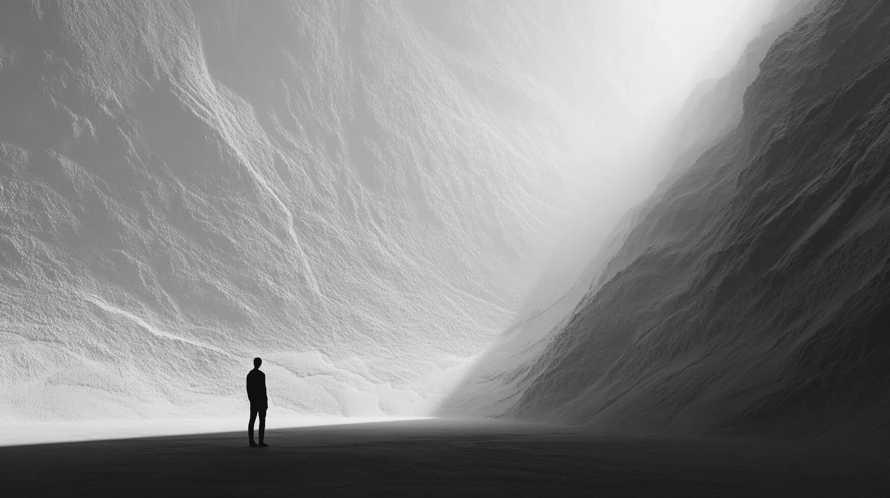 Solitary figure stands before vast mountainscape, engulfed in soft light, rendered in monochrome. Journey into the unknown landscape. photo