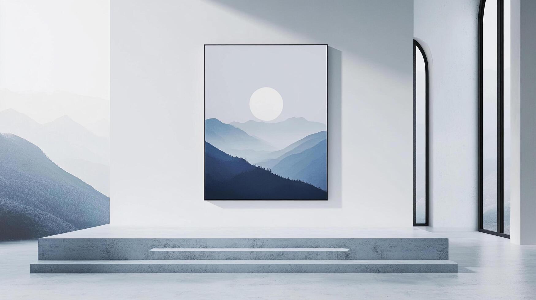 A serene mountain landscape in cool blue tones, depicted in a framed art print on a white wall, bathed in soft, diffused sunlight. photo