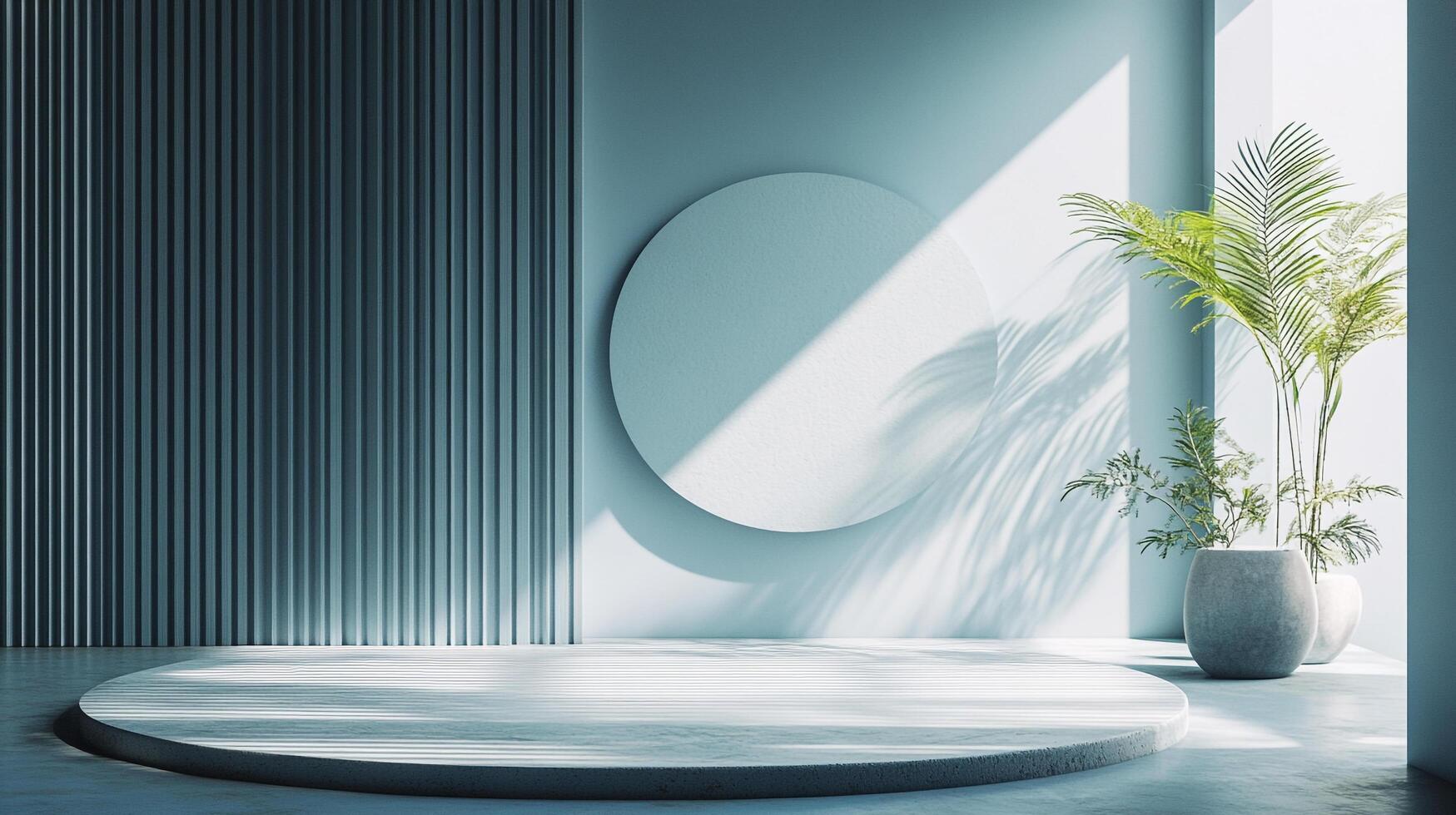Minimalist studio setup with plant in a pot, geometric designs on the wall, and natural lighting shining on the podium. photo