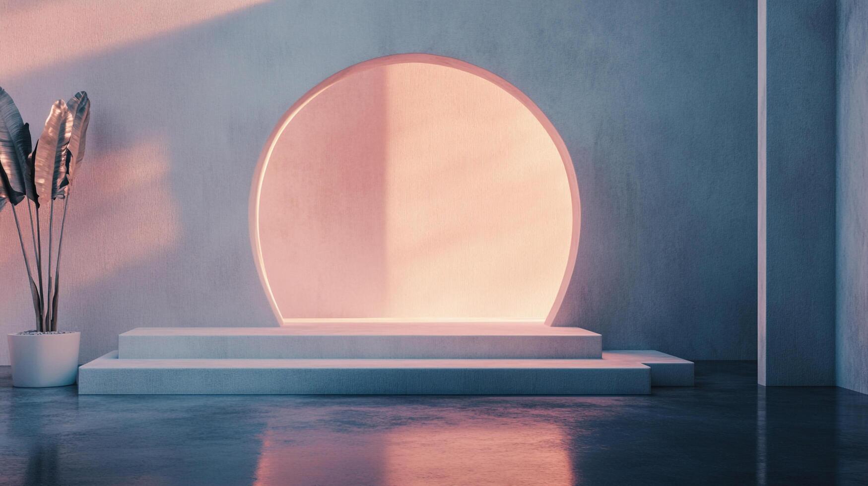 Minimalist interior showcases a glowing circular doorway with a plant, creating a serene and modern architectural presentation. photo