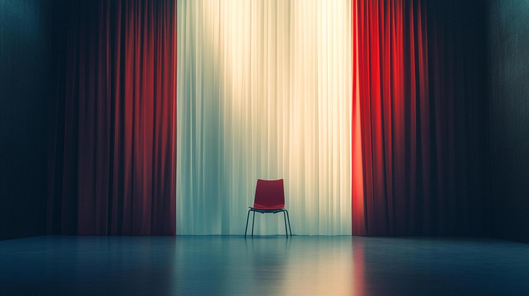 A lone chair sits center stage, framed by elegant red and white curtains, bathed in soft light on a reflective floor, evoking drama and anticipation. photo