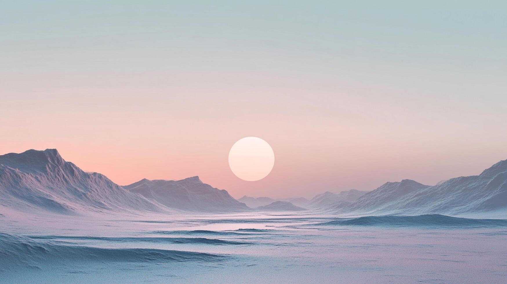 A serene sunrise paints a pale landscape, as mountains meet a sky dominated by a gently glowing sun. Calm, peaceful, and ethereal scene. photo