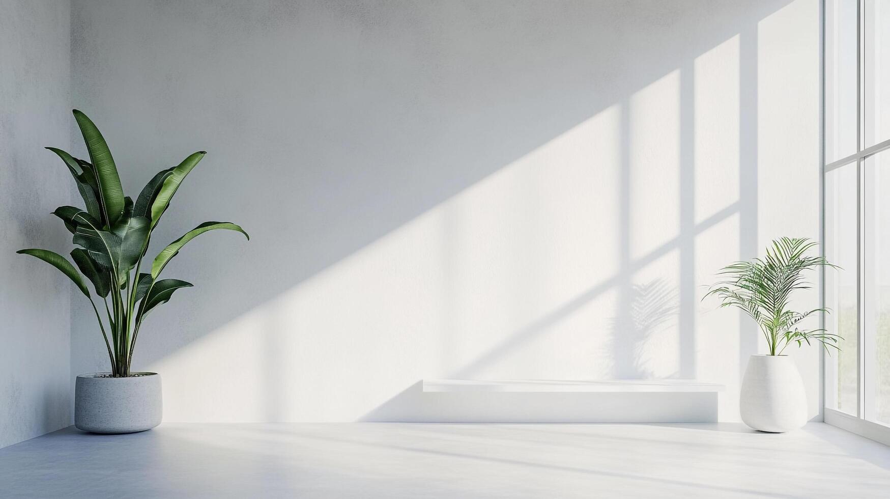 Bright room interior with lush plants creating a serene atmosphere, sunlight flooding in through the window, illuminating the minimal decor. photo