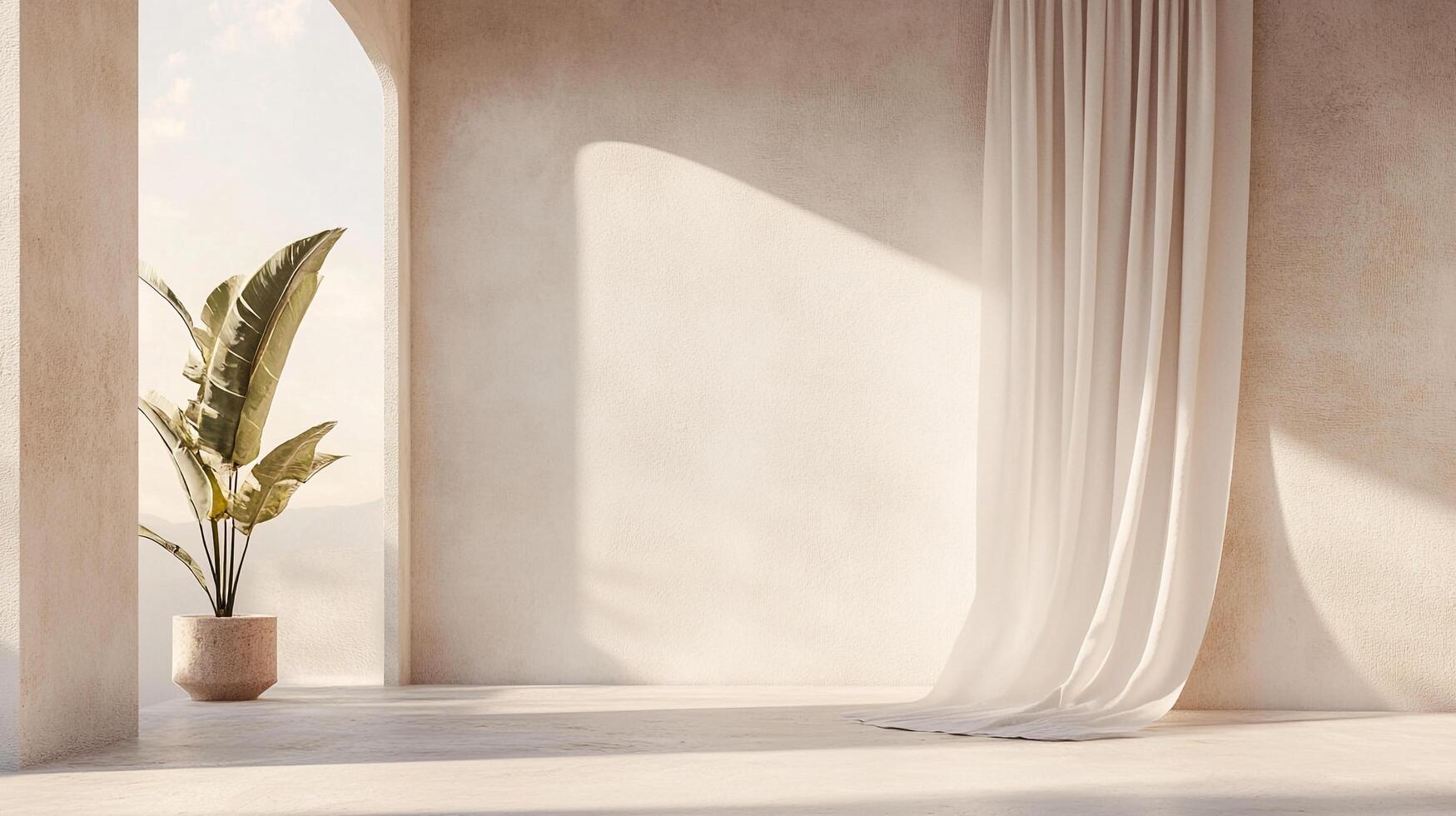 Minimalist interior featuring a plant in a pot by an arched doorway, with soft light and a neutral color palette creating a serene atmosphere. photo