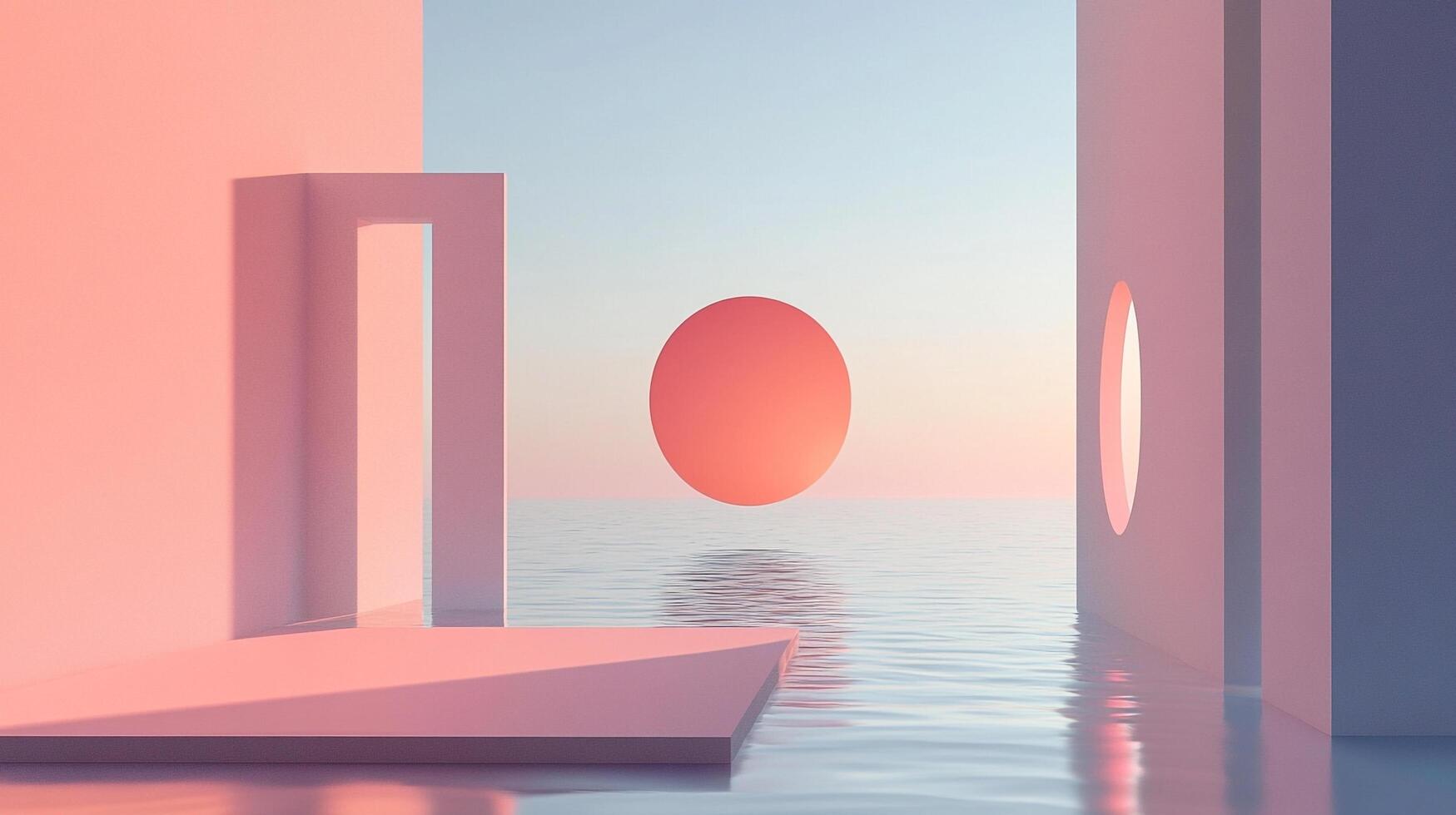 Minimalist seascape featuring geometric structures in pastel tones, with a floating sphere against a calming ocean and sky backdrop. photo