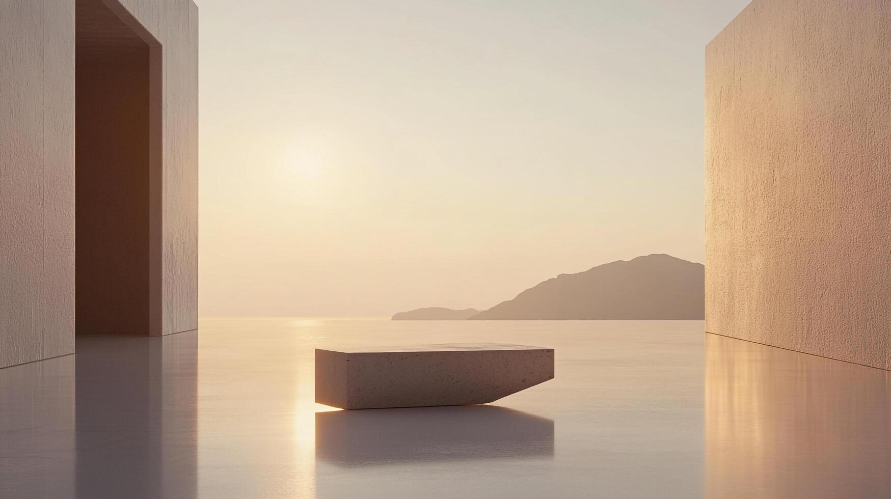 Minimalist platform display. A serene, architectural scene featuring a geometric podium against a soft, seaside background at sunrise. photo