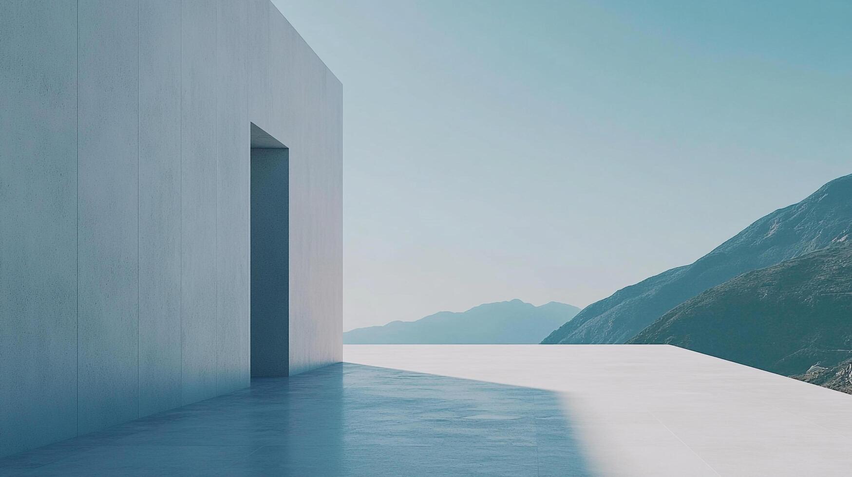 Minimalist concrete architecture frames a serene mountain vista, blending modern design with natural beauty under a clear sky. photo
