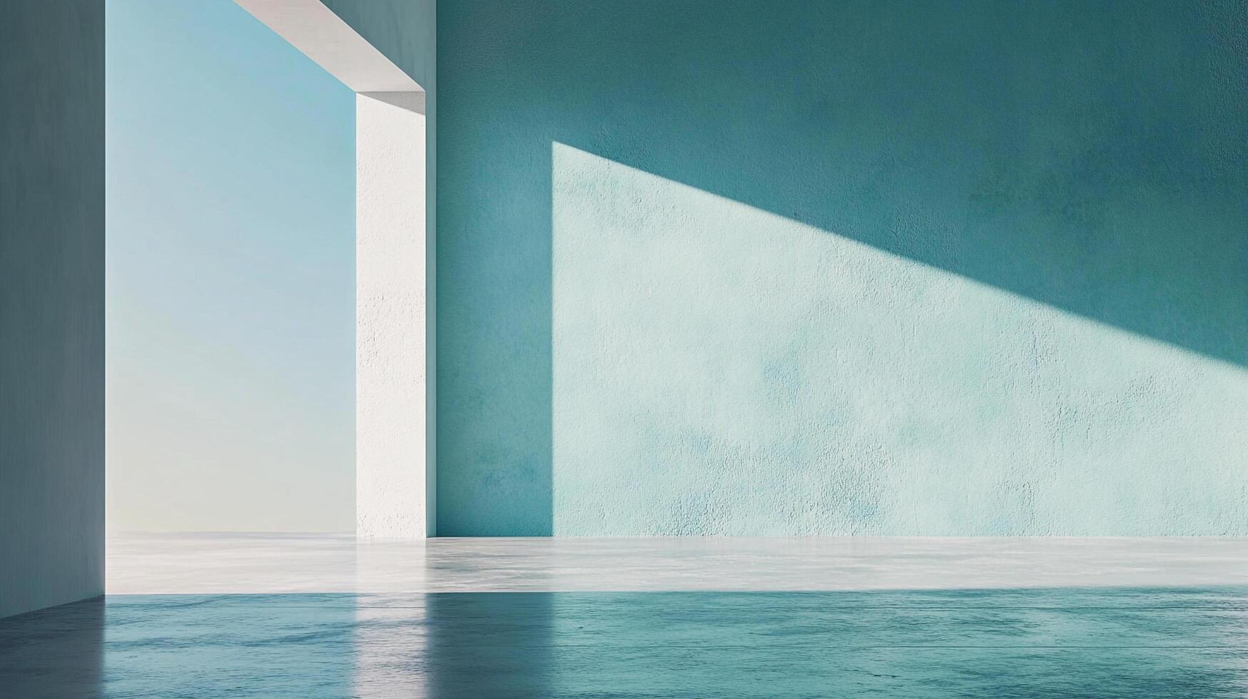 Minimalist interior with a concrete floor and a blue textured wall, bathed in natural light creating a serene, modern atmosphere. photo