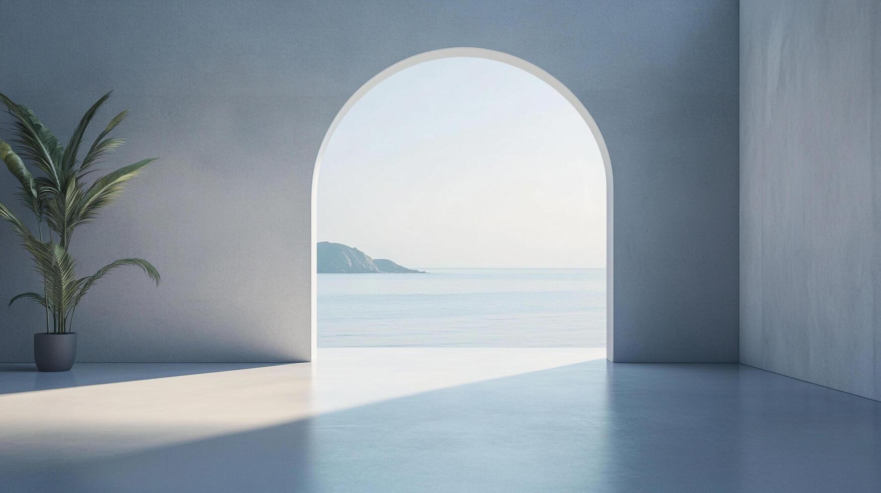 Minimalist seaside living with an archway framing the tranquil sea view. The interior is lit by natural light, creating a serene atmosphere. photo