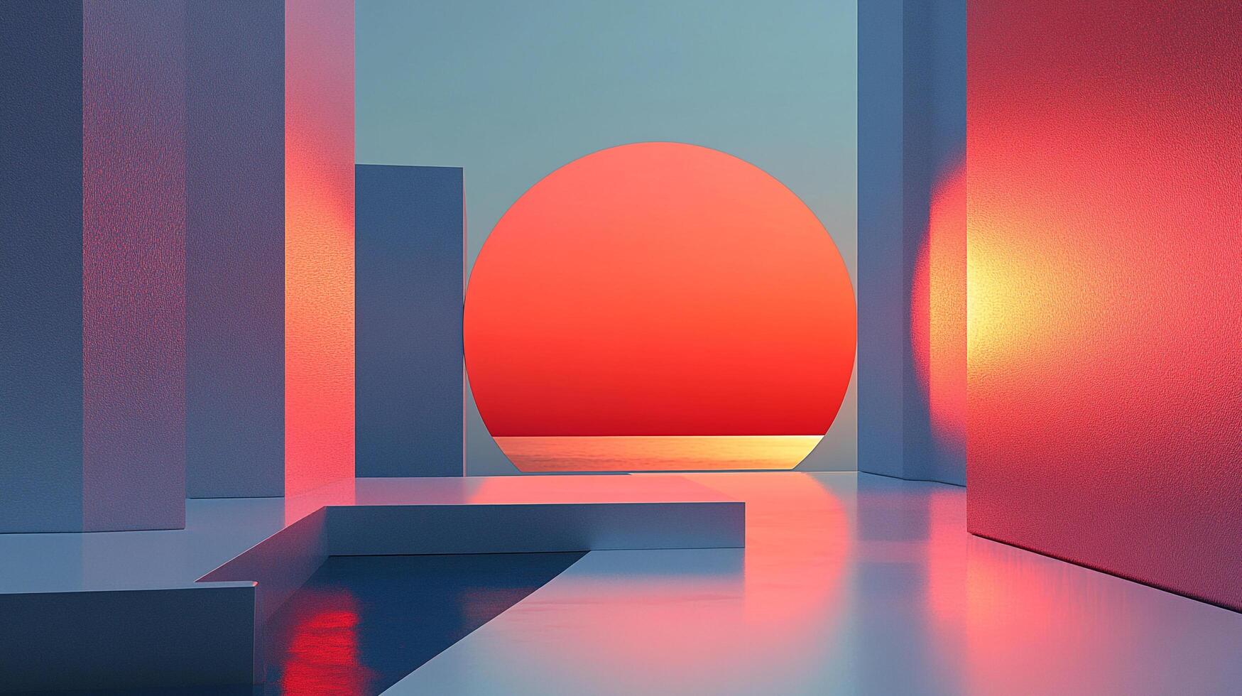 Geometric sunset scene with architectural elements. A stylized sun sits on horizon with blocks and planes reflecting light. photo