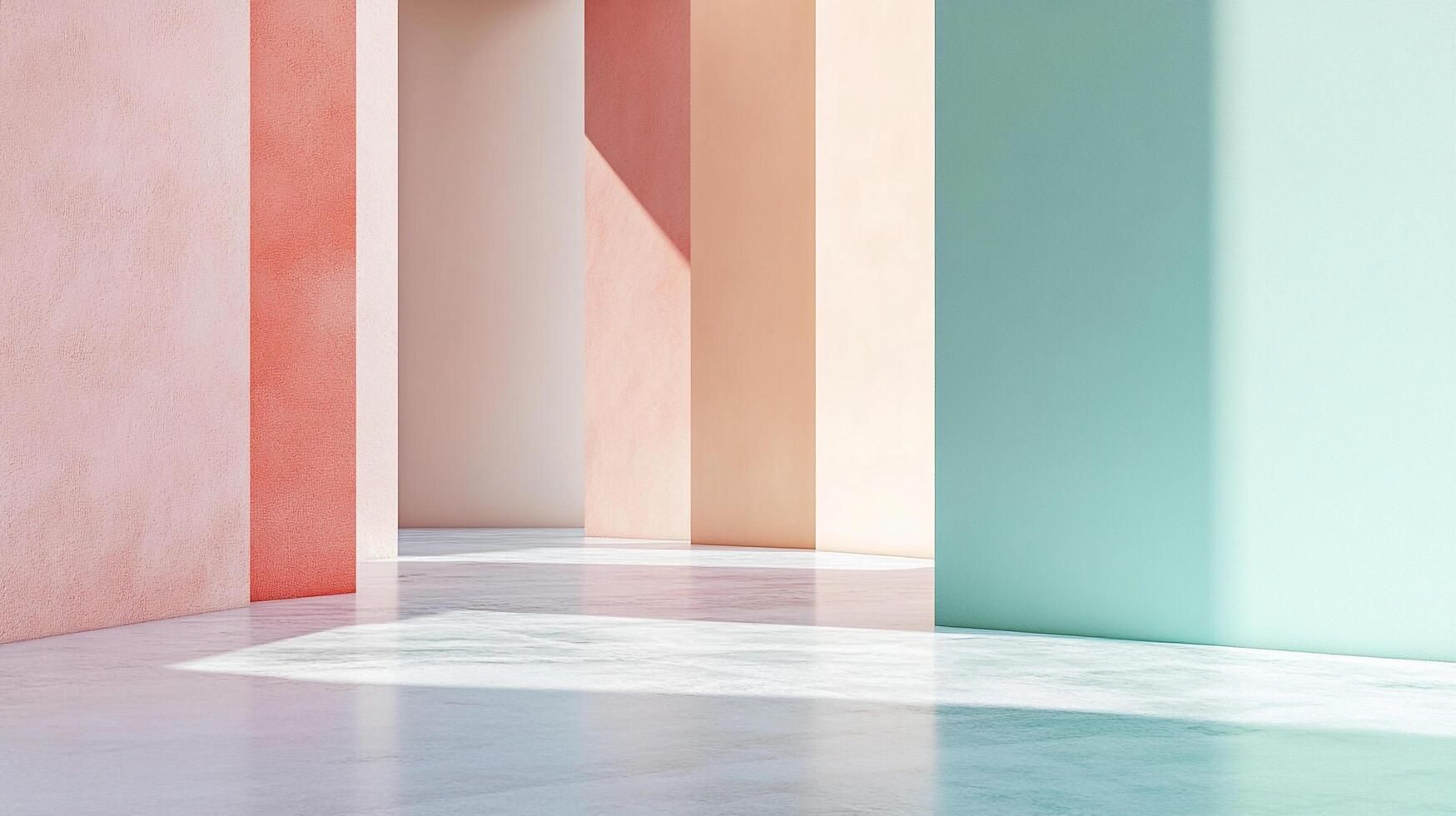 Modern architecture featuring pastel-colored walls and natural light creating shadows on polished concrete flooring in an artful composition. photo