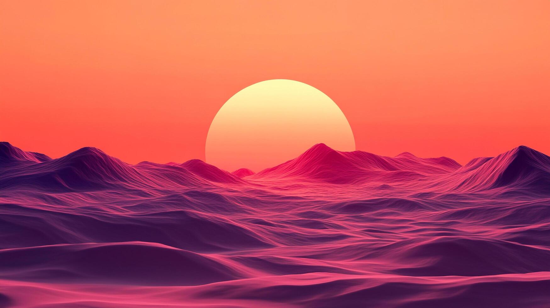 Retro sunset landscape of purple hills with a large sun above, evoking a sense of nostalgia and a peaceful, serene atmosphere. photo