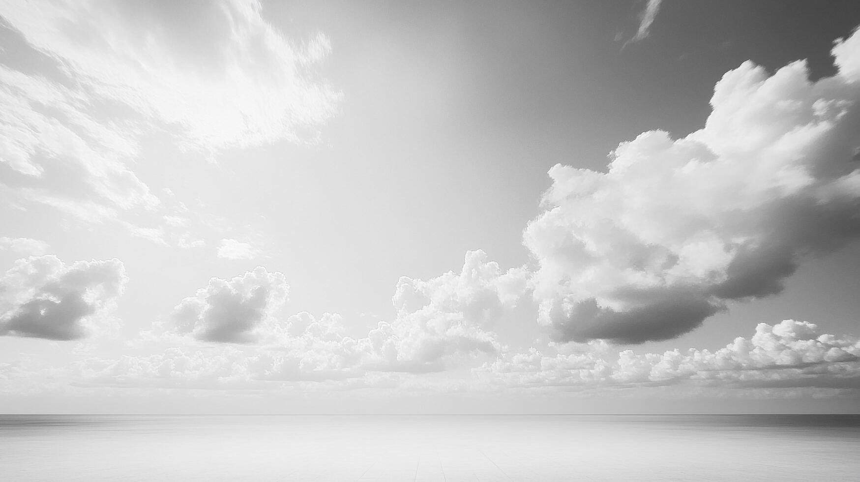 Monochrome ocean vista with cloudy sky above the horizon, clouds reflect serene seascape, creating an ethereal atmosphere. photo