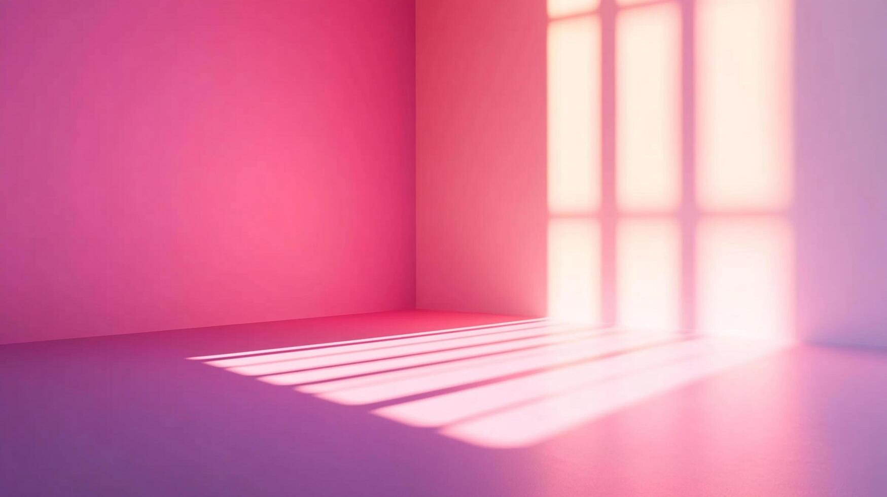 An empty room with pink walls and soft light shining through the window, casting shadows across the floor, creating a serene atmosphere. photo