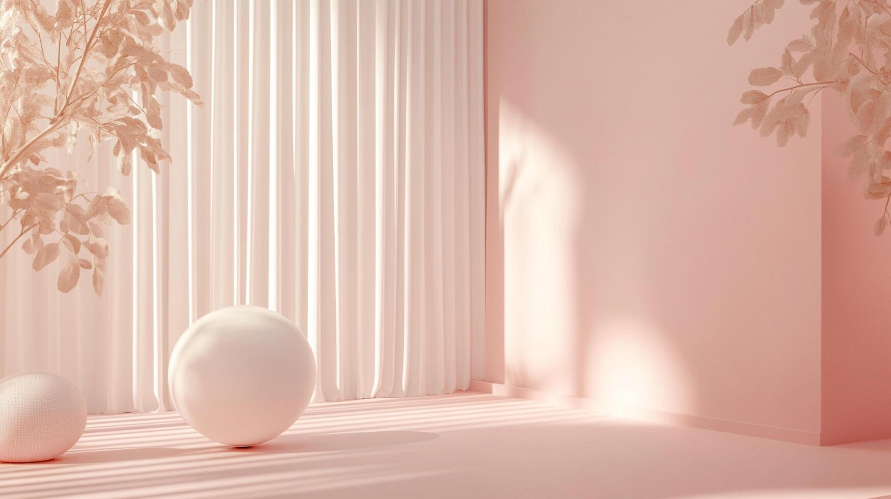 Soft pink scene with minimalist sphere props, elegant curtains, and leafy accents creating gentle sunlight patterns throughout a stylish room. photo