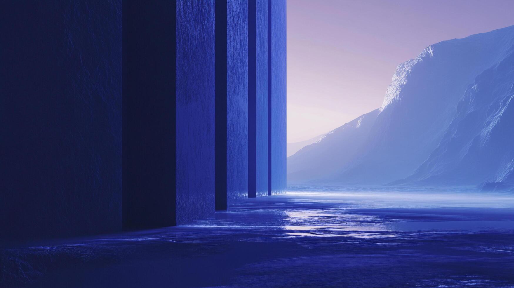 Ethereal landscape with imposing blue structures, suggesting a surreal fusion of architecture and nature under a pastel sky. photo