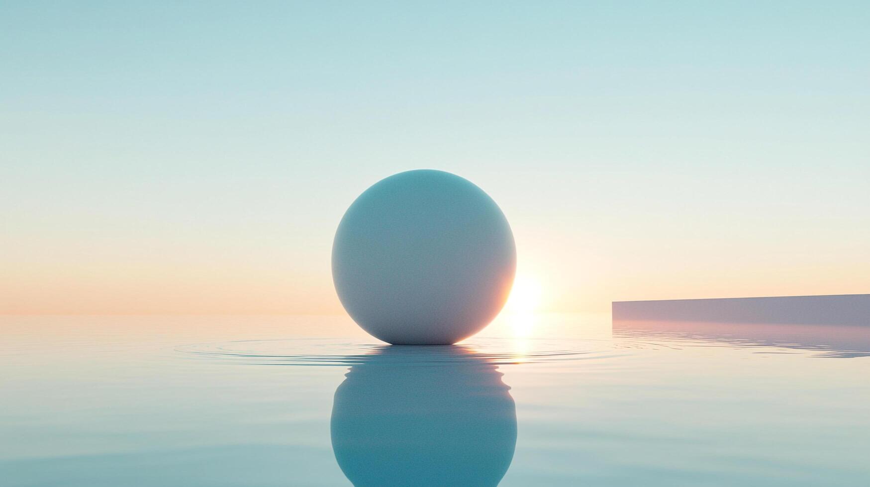 A serene vista features a sphere resting gently on water, reflecting against a pastel sunset, creating a peaceful, minimalist scene. photo
