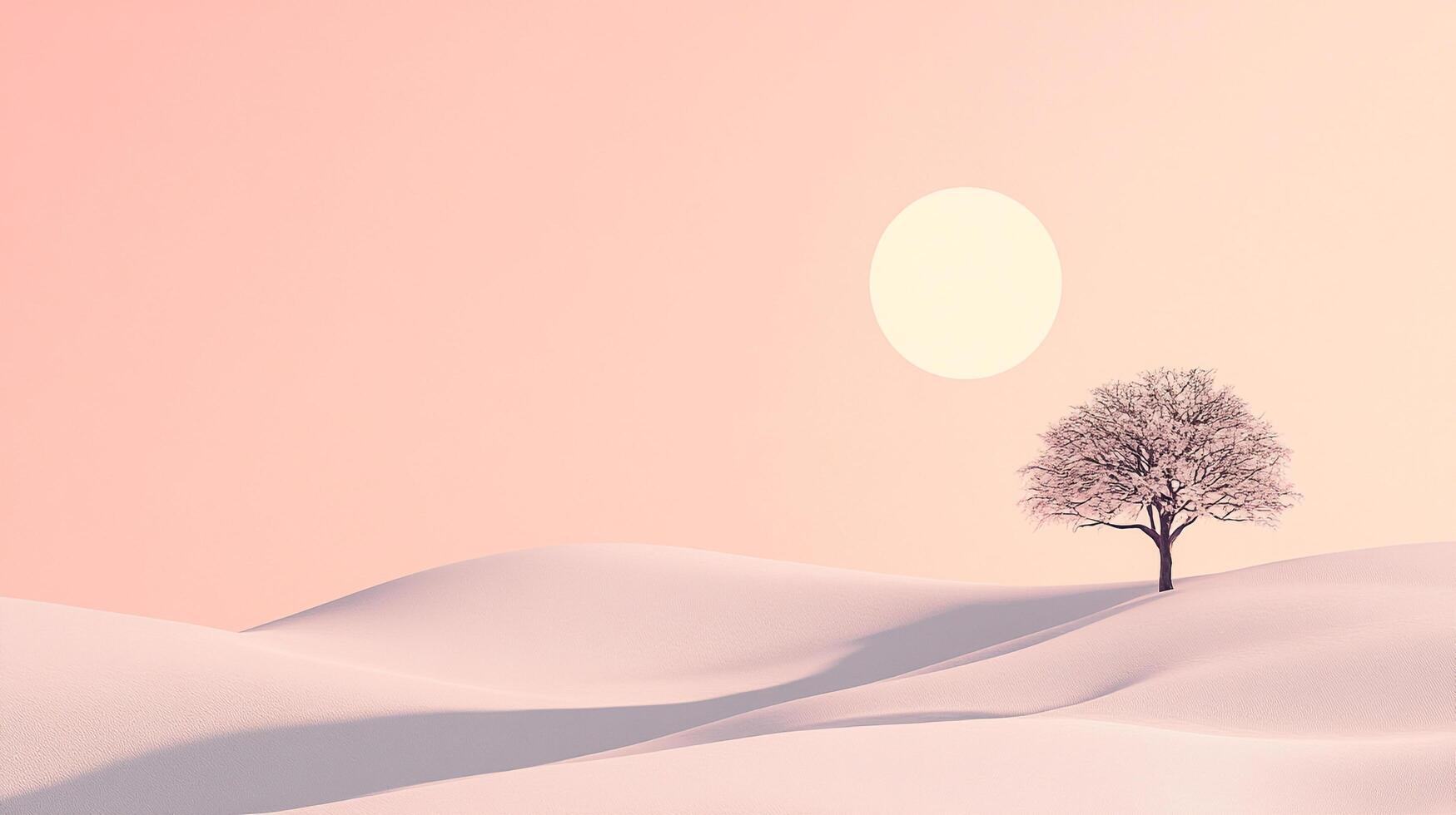 A solitary tree sits atop white dunes under a serene, pastel sky with a muted sun, evoking peace and solitude in a minimalist setting. photo