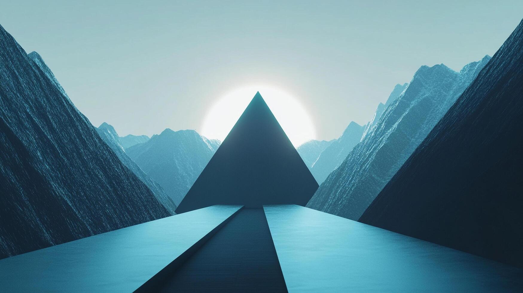 A surreal, futuristic landscape with a dark pyramid, sharp mountains, a light sky and a path leading towards an unseen horizon. photo