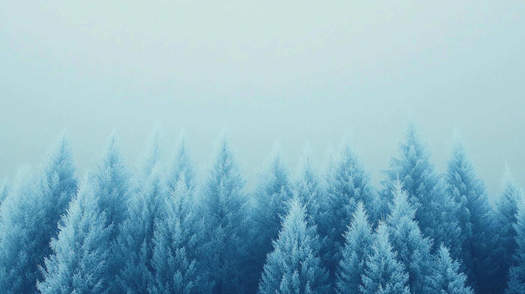 A wintry forest scene with frosted trees in a tranquil, cool toned landscape. The crisp air and blanketed trees create a serene environment. photo