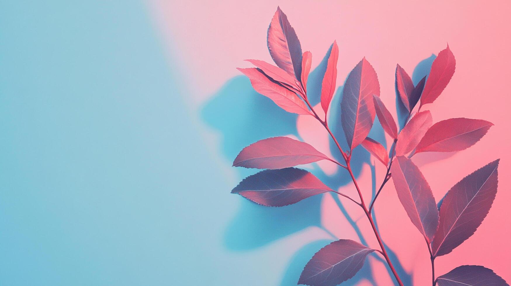 Elegant floral composition with striking pink leaves and a cyan background, contrasted with delicate light and shadow interplay. photo