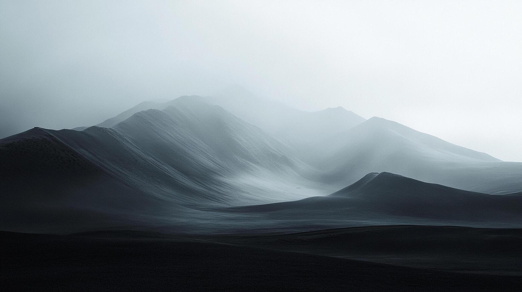 Ethereal mountainscape with gentle peaks emerging from a dense fog, evoking a sense of mystery and serenity in a monochrome palette. photo