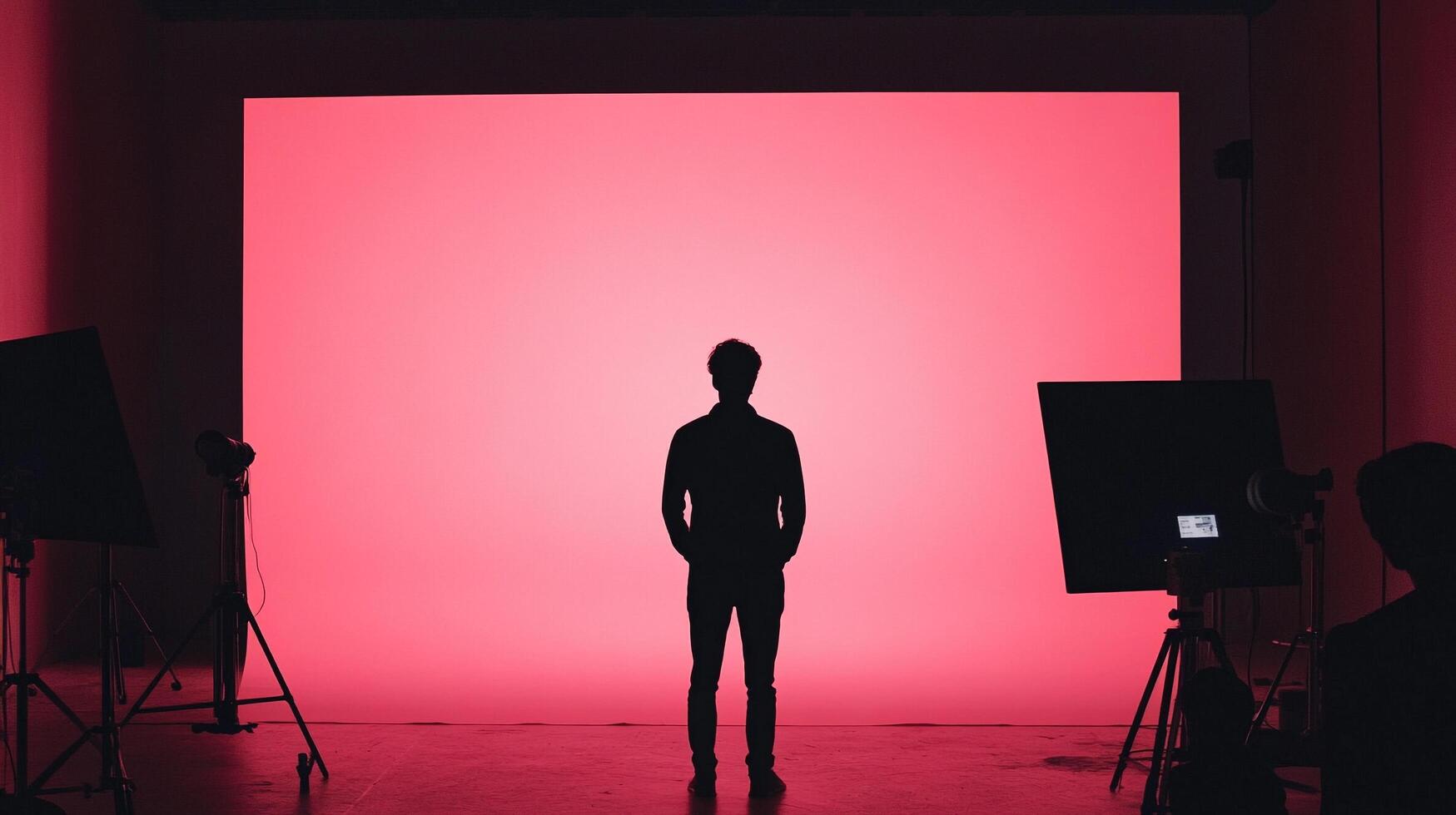Silhouette standing before a glowing screen. The scene is bathed in the red light, flanked by softboxes and additional equipment. photo