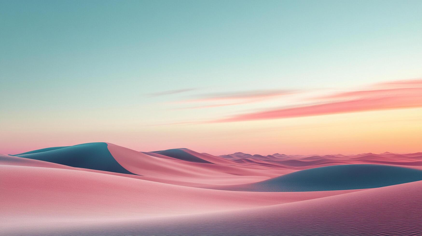 A digitally created desert landscape with pink sand dunes and a soft, pastel-colored sky, evoking a sense of tranquility and surreal beauty. photo