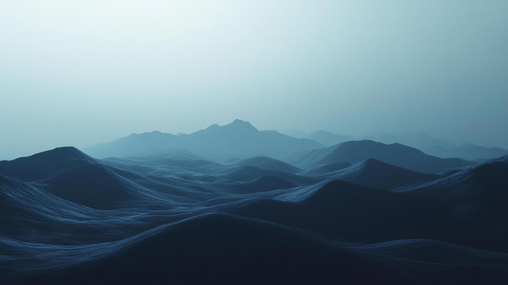 Layered landscape with soft hills and valleys under an ethereal misty sky. A dreamy scenery of nature. Blue and peaceful panorama. photo