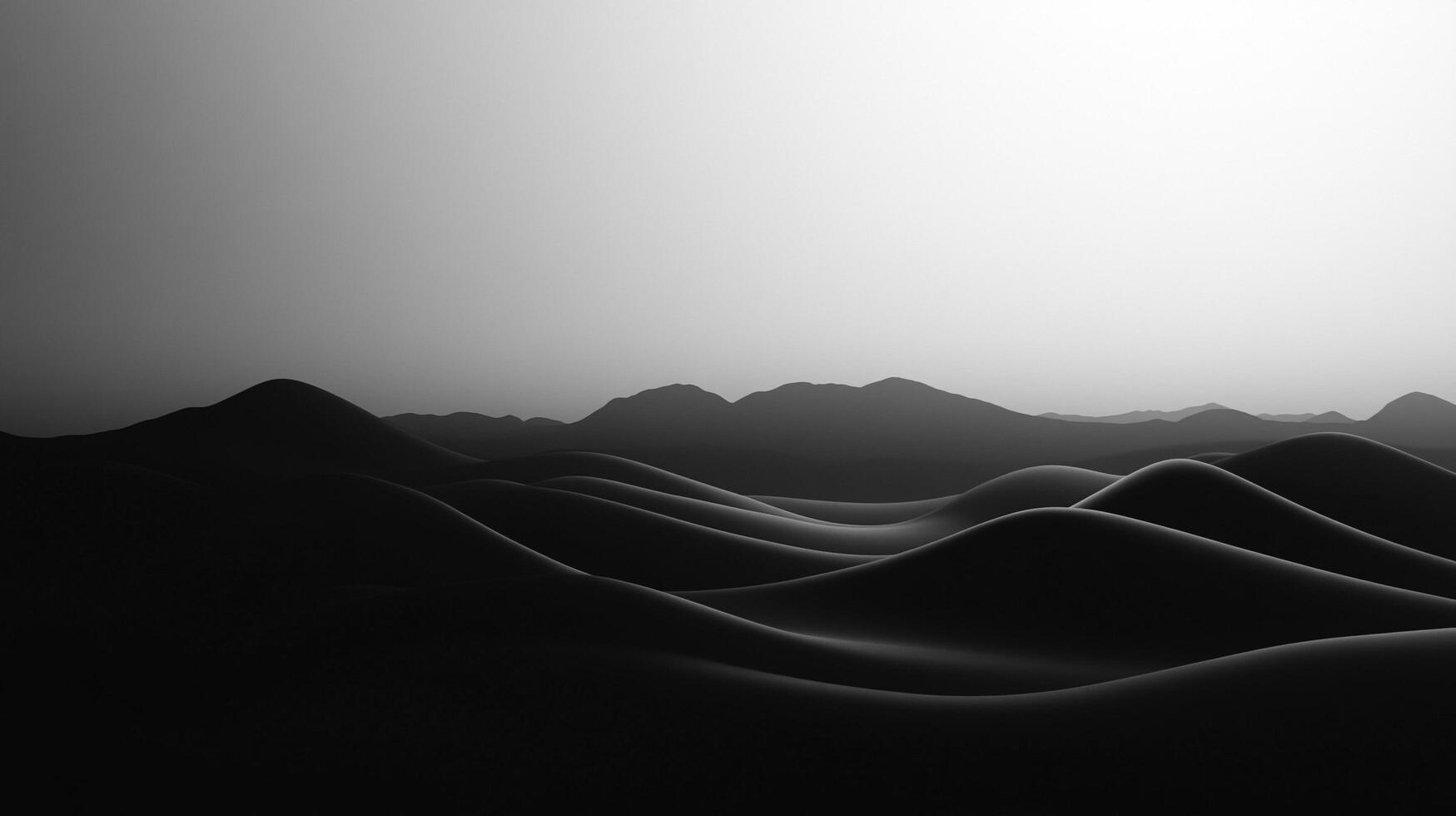 Monochromatic desert landscape featuring rolling sand dunes with distant mountain silhouettes under a pale, even sky. Minimalistic and stark photo