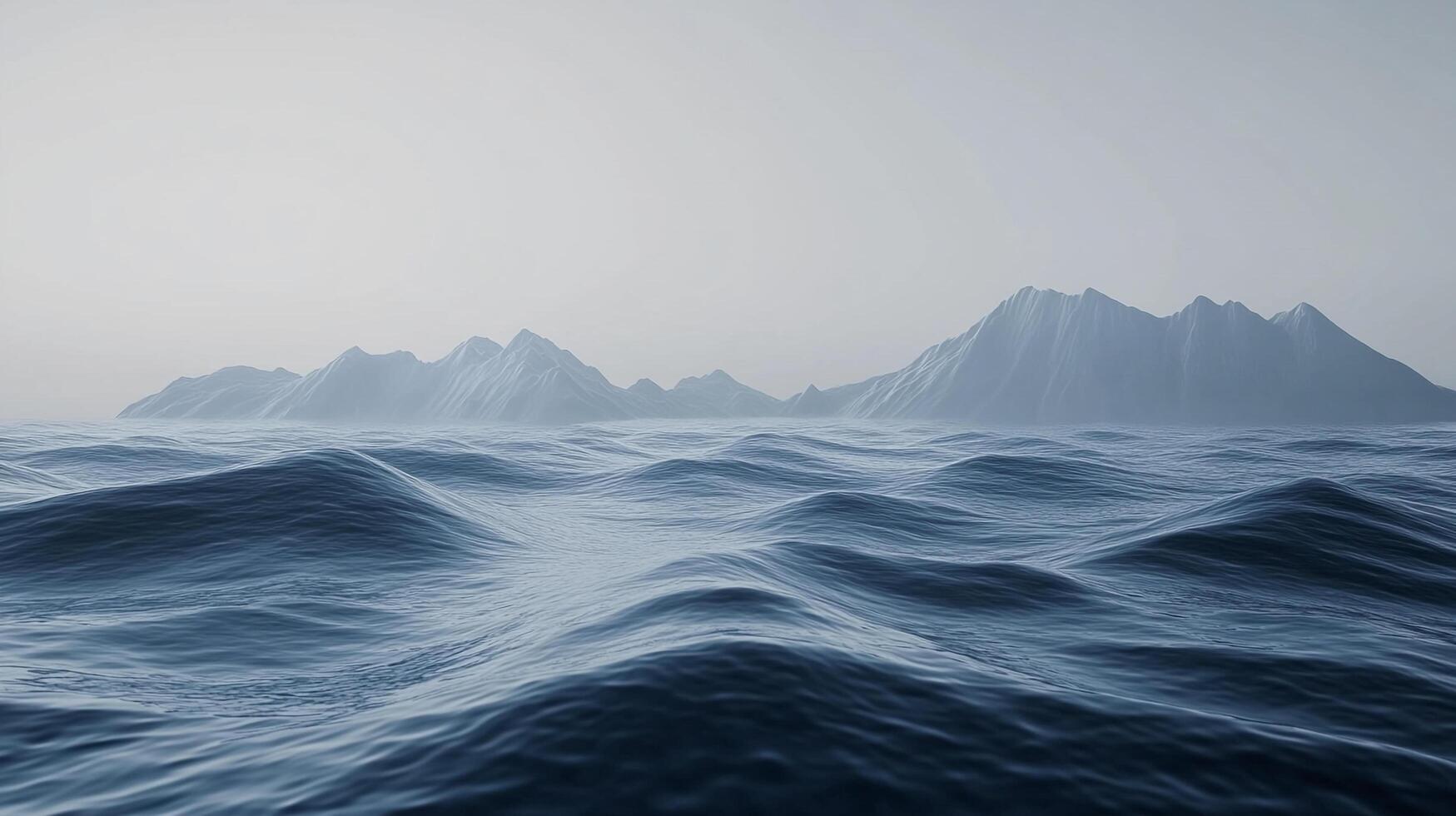 Serene ocean view with gentle waves, mountains shrouded in mist on the horizon, creating a peaceful seascape. Deep blue waters. photo