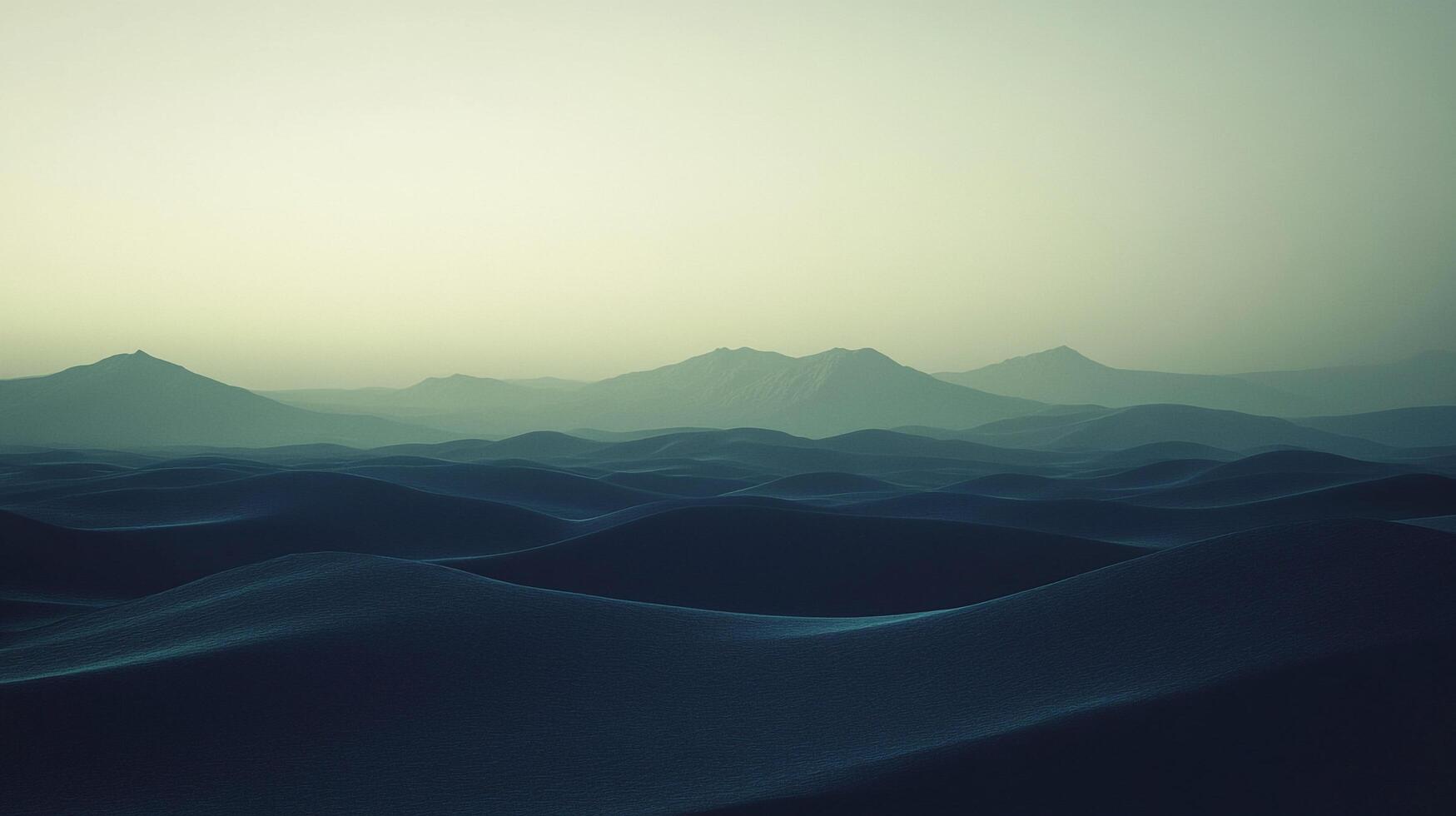 A tranquil, dreamlike landscape of rolling hills under a muted sky evokes a sense of peace and vastness with its cool tones. photo