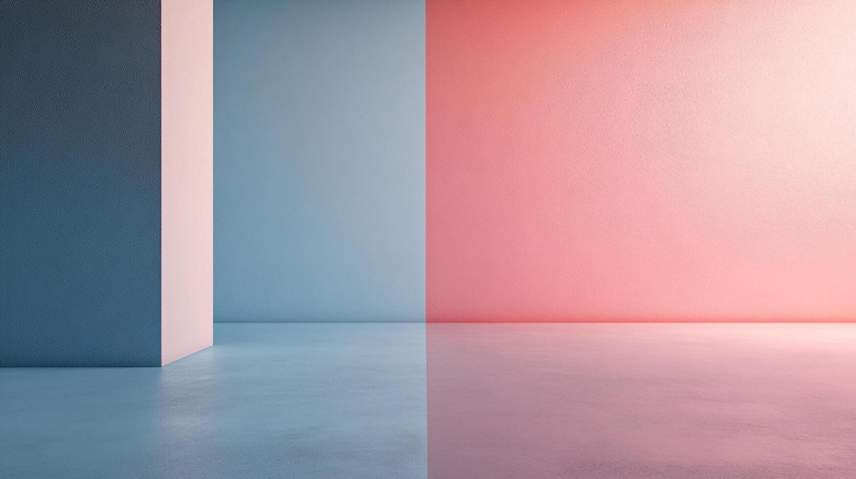 Abstract room with textured walls in contrasting shades of pink and blue, capturing the minimalist aesthetic with geometry and vibrant colors. photo