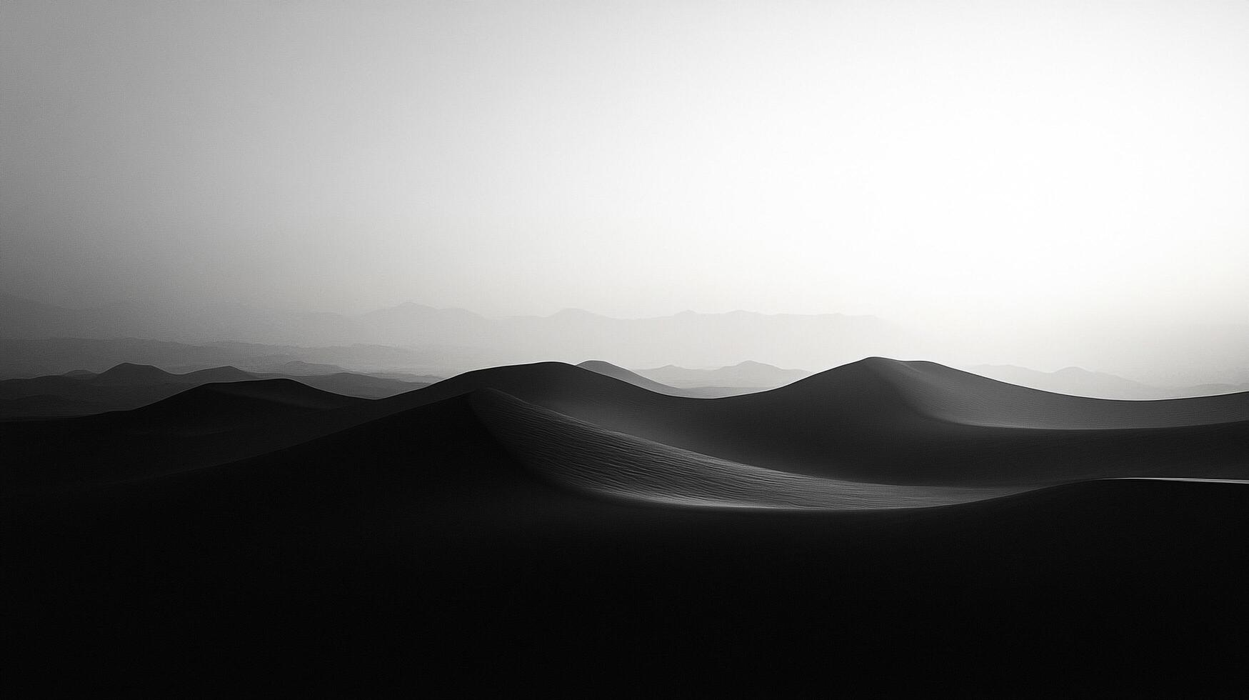Monochrome desert landscape featuring rolling sand dunes against a bright sky, creating a serene and atmospheric scene. photo