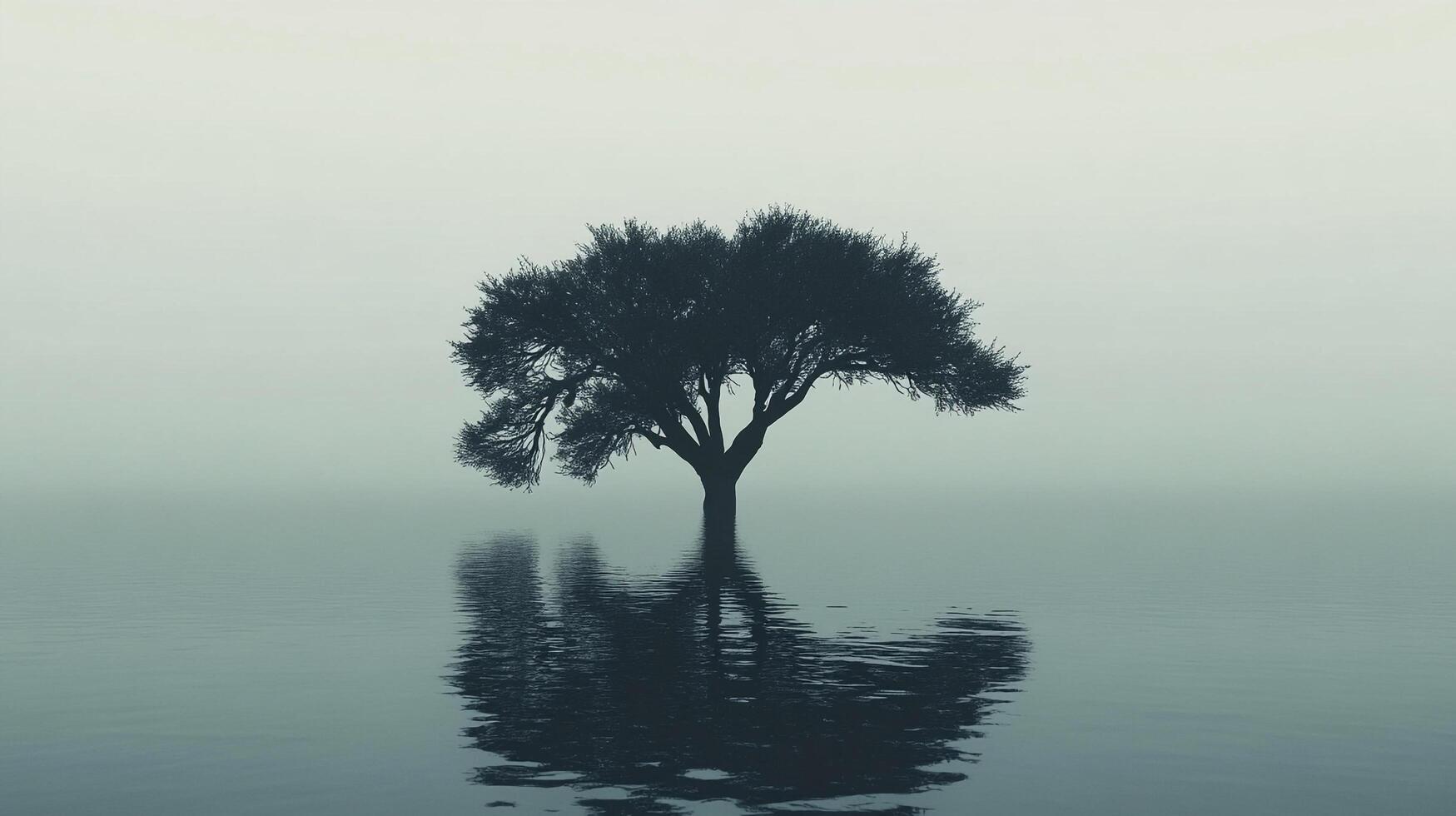 A solitary tree stands in water, its dark silhouette mirroring in the still surface under a misty sky, creating a serene atmosphere. photo