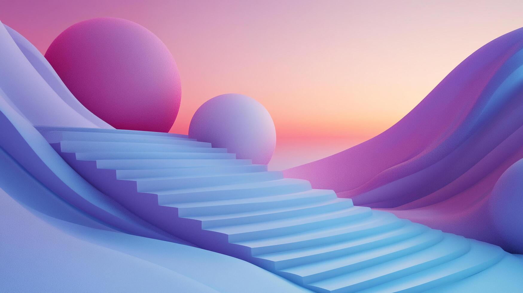 Abstract pastel staircase landscape with pink spheres and sunset background. Minimalist design evoking serenity and modern art aesthetic. photo