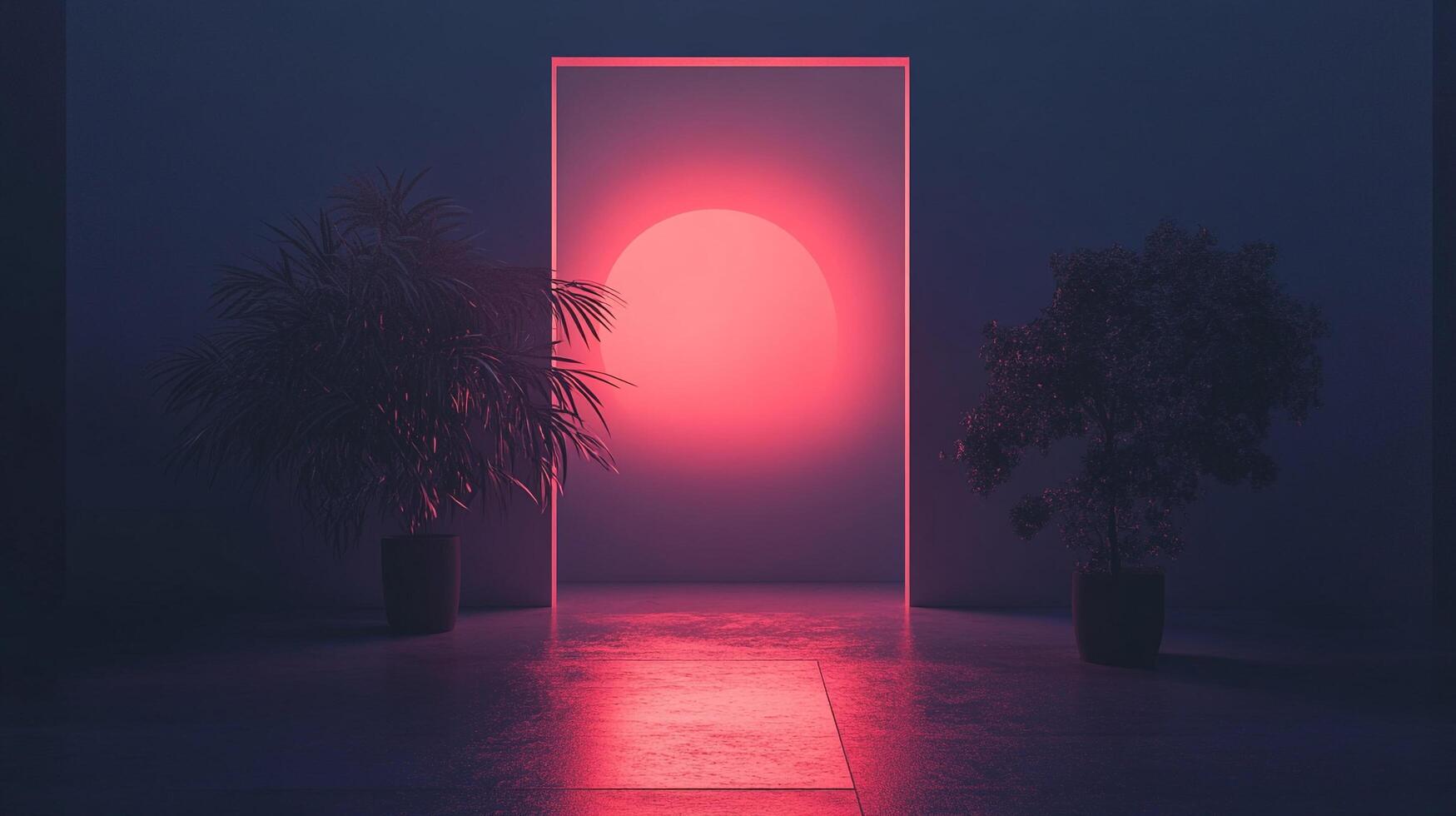 Illuminated portal with potted plants emitting a red glow, evoking a sense of mystery, transition, and minimalist indoor design. photo