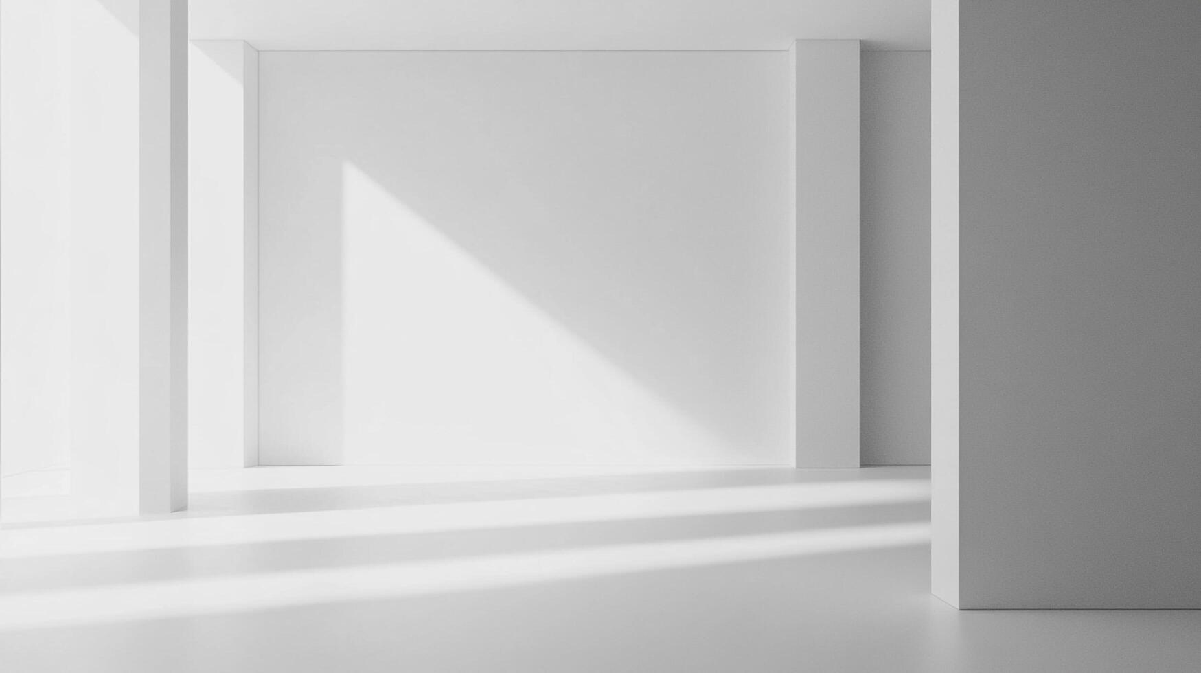 A minimalist, stark white architectural space with strong geometric lines, shadows and illuminated surfaces creating a sense of depth. photo