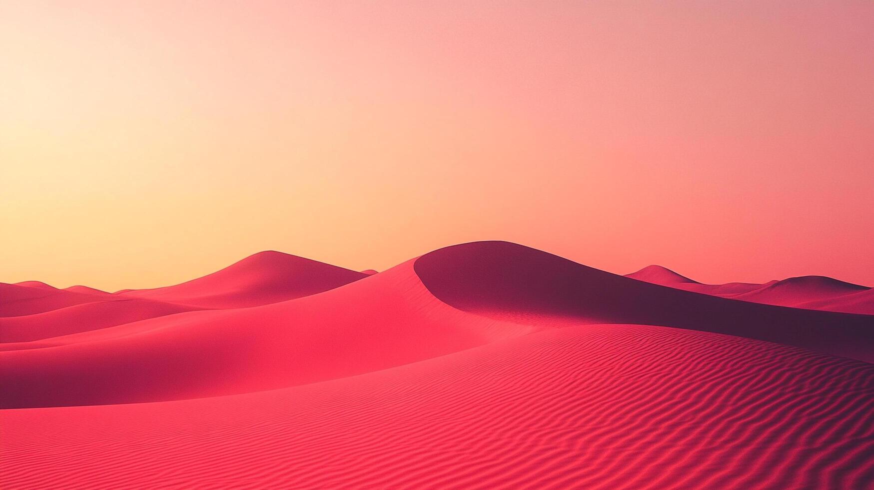 A serene desert landscape awash in dreamy pink hues, sculpted by wind into gentle dunes, under a soft, gradient sky. Dreamlike vista. photo