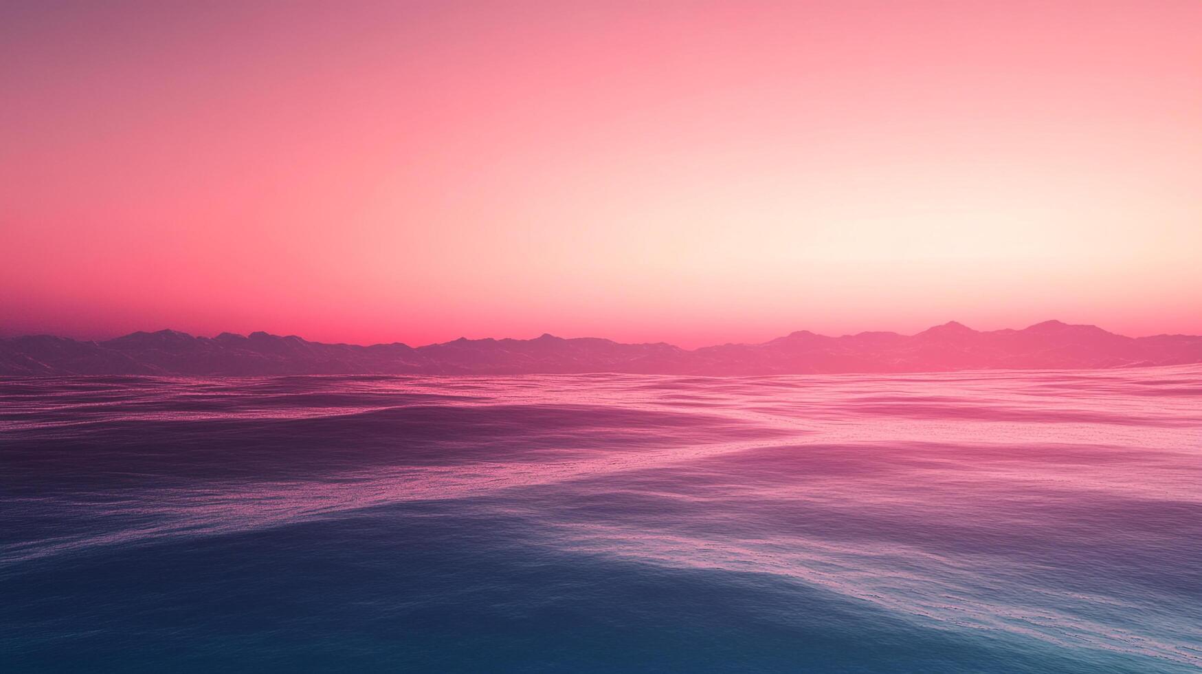 Pink sunset view over mountain range and ocean. The gradient sky reflects on the wavy water and the horizon silhouettes the mountains. photo
