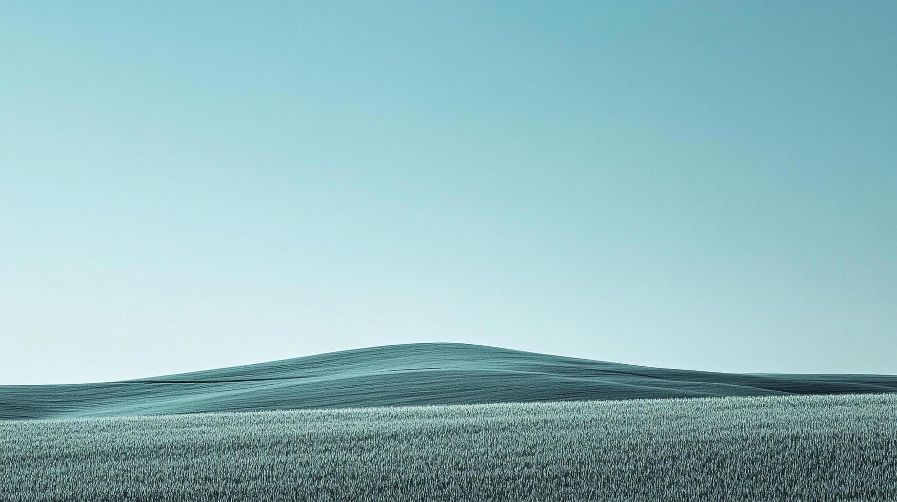 Expansive cyan field of wheat stretching to a distant hill under a vast sky, capturing the essence of rural tranquility and agricultural expanse. photo