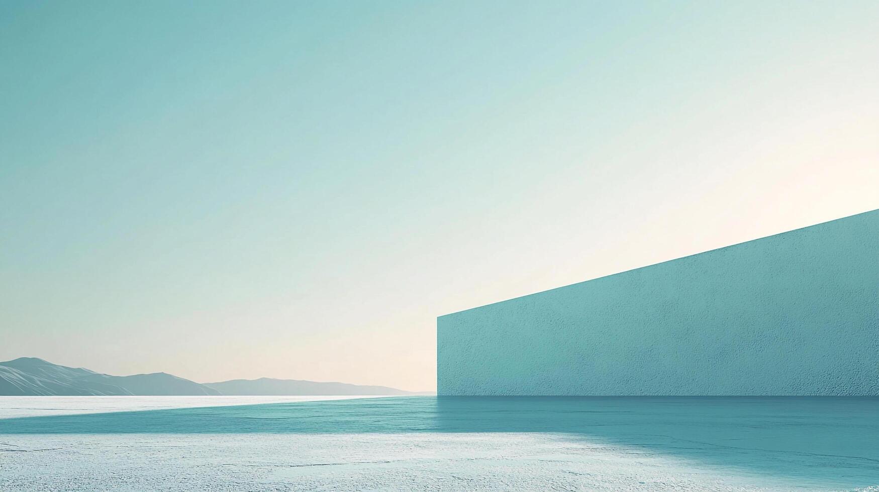 Minimalist abstract landscape. Vast plain, distant mountains meet expansive sky. Geometric structure adds a sense of intrigue. Clean aesthetic. photo