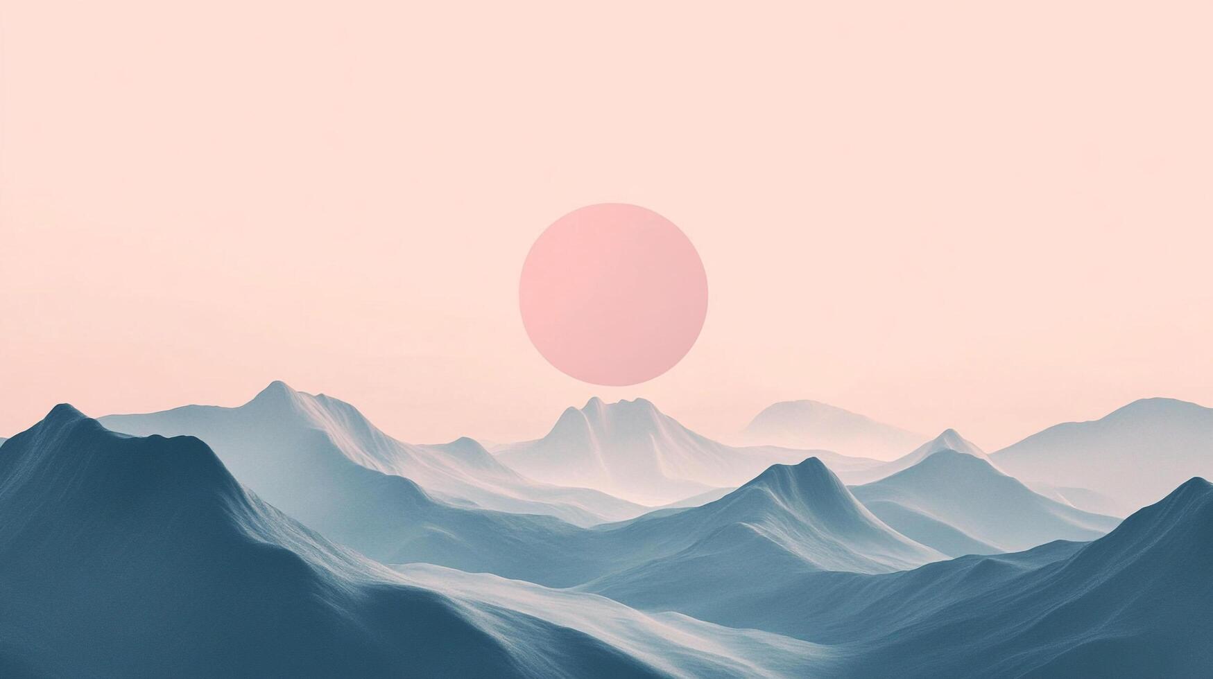 Serene mountain landscape with a pale pink sky and a large circle, creating a peaceful, otherworldly scene. photo