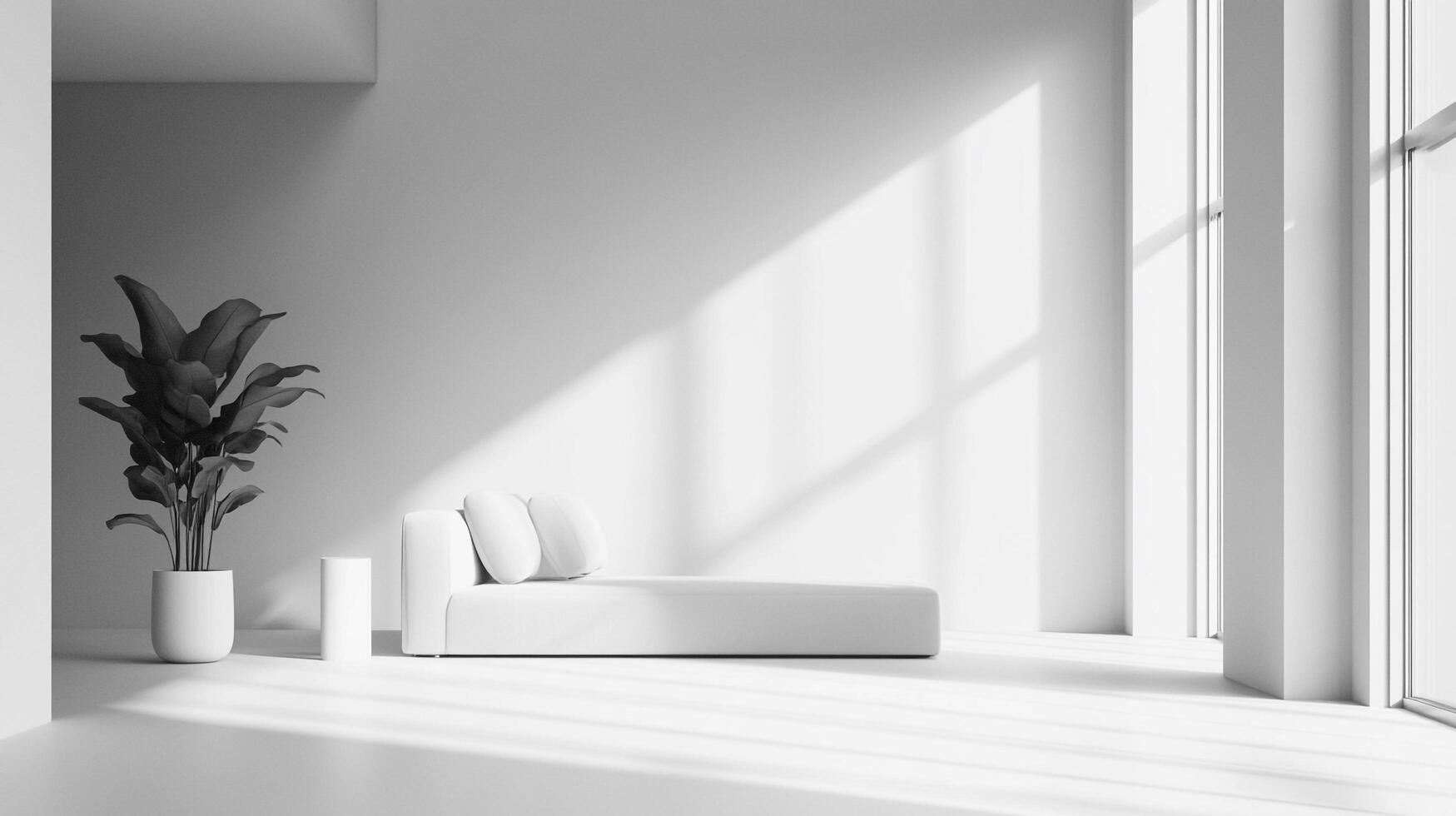 Minimalist interior featuring a white chaise lounge, a potted plant, and soft sunlight streaming through a window. Modern serene simplicity. photo