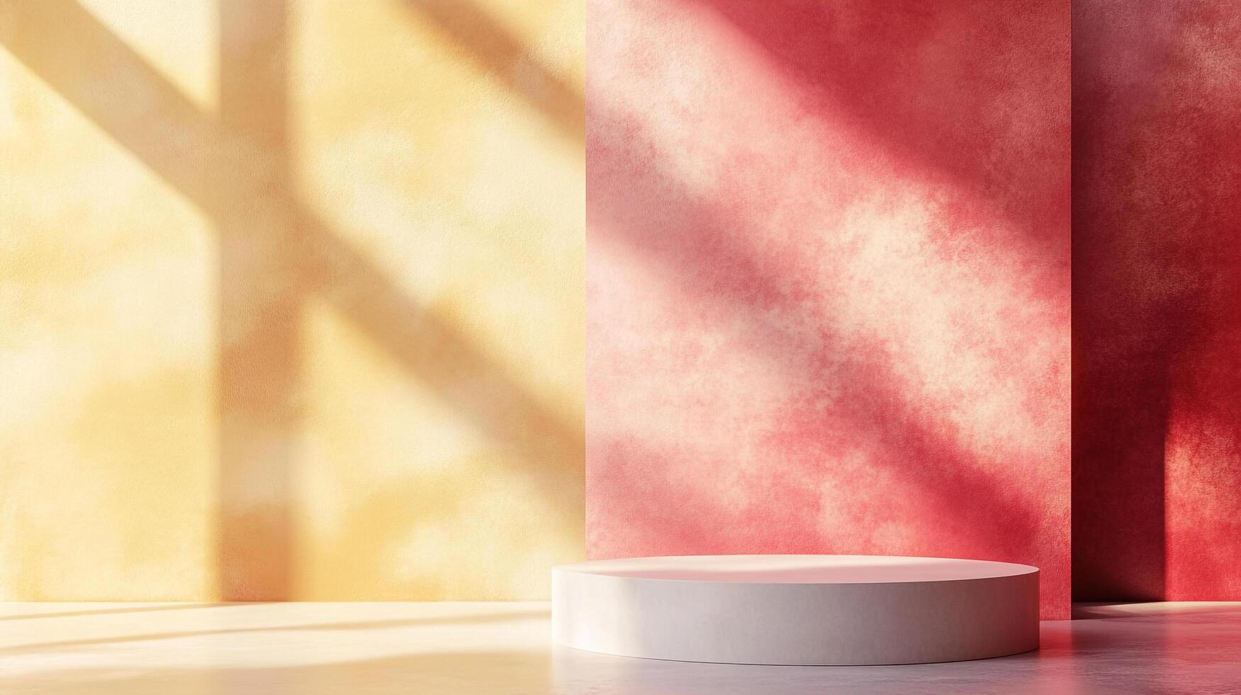 Minimalist presentation with platform spotlighted by natural sunlight casting shadows on a textured yellow and red backdrop. photo