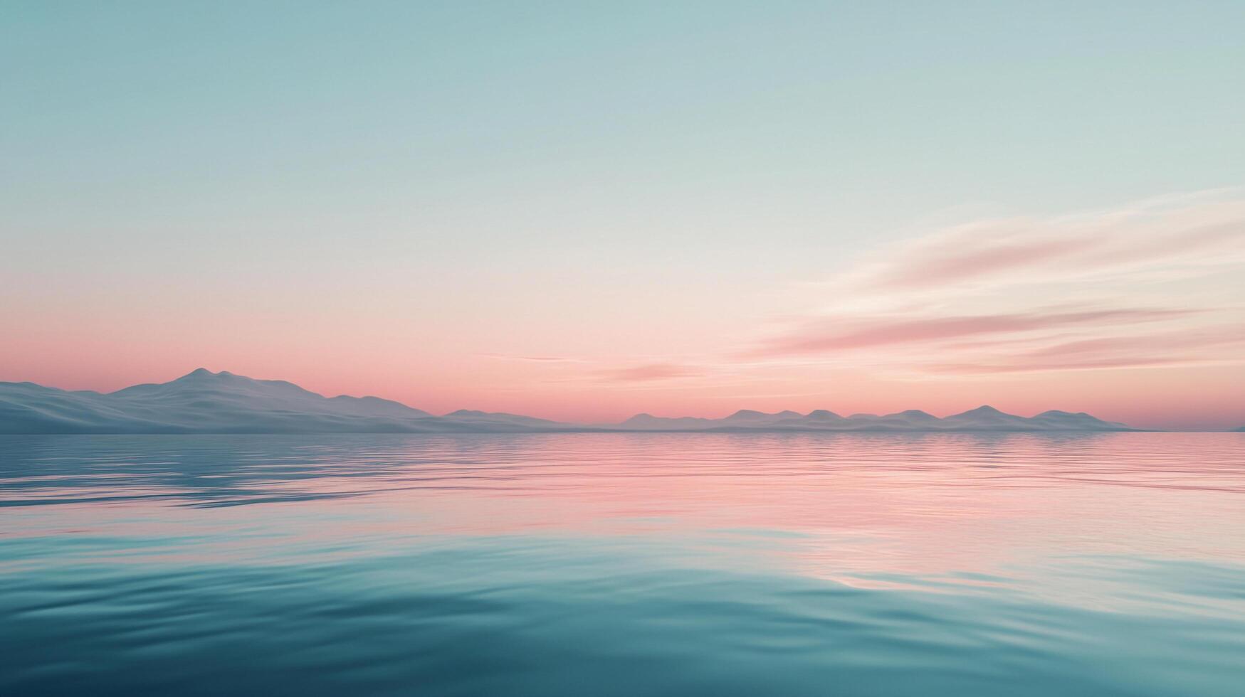 Serene view of pastel colors above a calm ocean and distant mountains, showcasing a tranquil dawn scene. This landscape evokes peace and solitude. photo