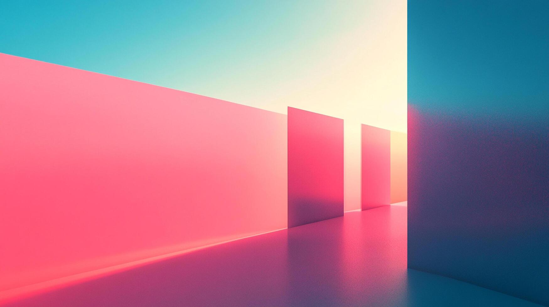 Abstract perspective featuring a hallway with geometric blocks in soft pink, blue, and beige tones and gentle lighting. photo