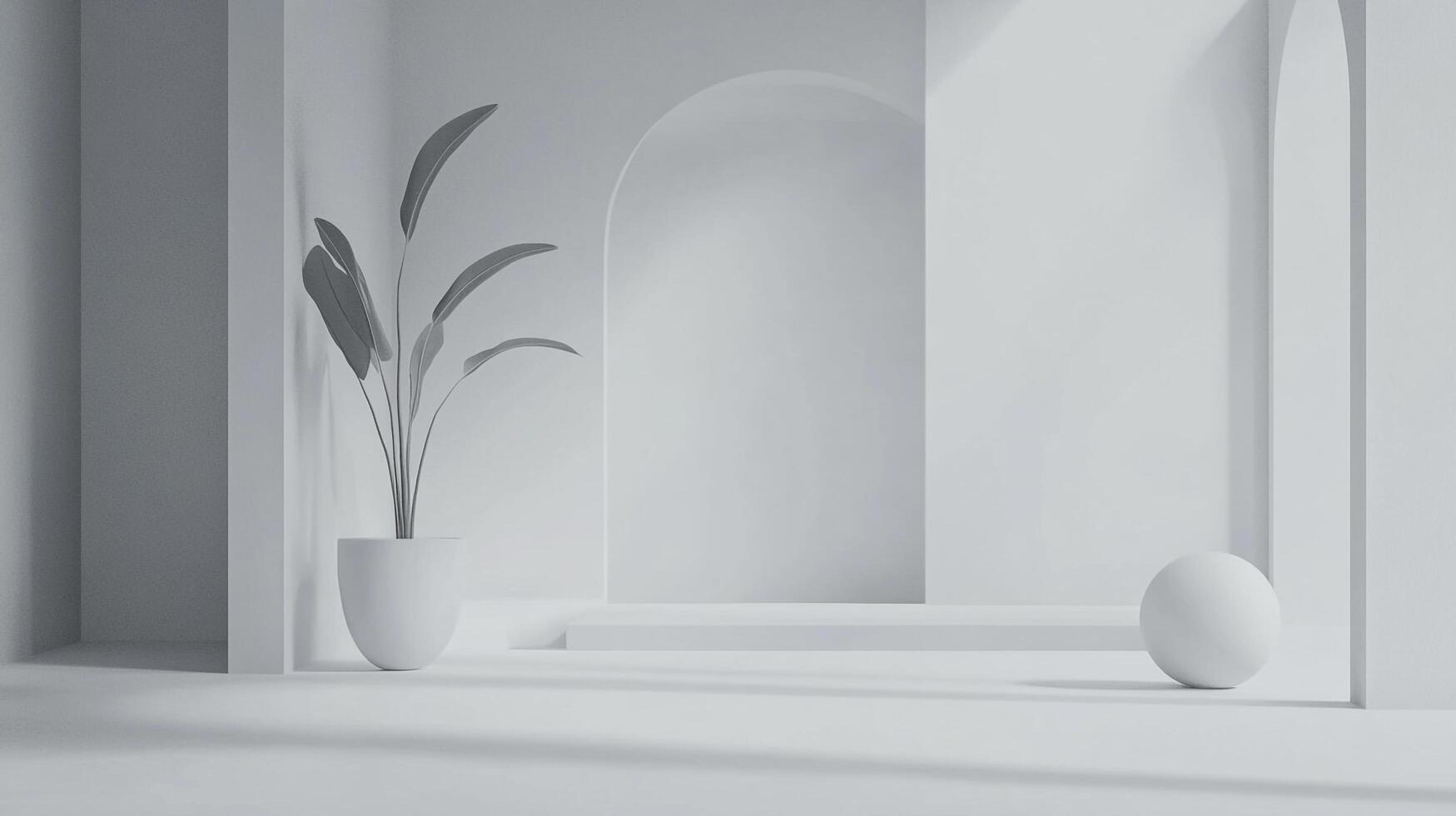 Minimalist white space with geometric shapes and a plant, creating a serene and modern atmosphere. Lighting adds depth and visual interest. photo