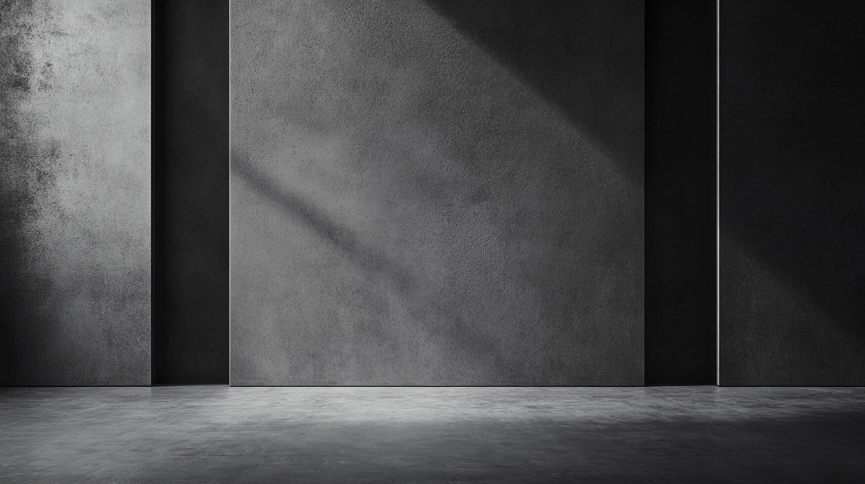 Minimalist gray backdrop featuring textured walls and reflective floor, enhanced by subtle lighting to emphasize depth and visual appeal. photo