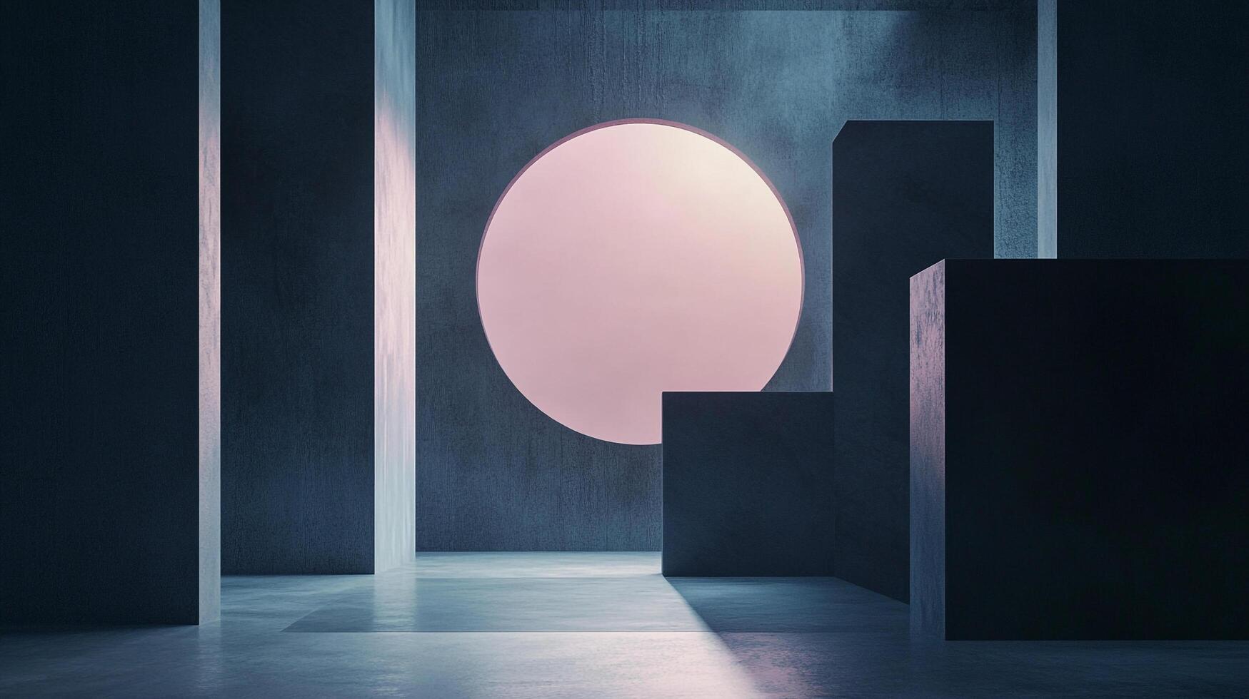 Abstract architectural space featuring a pink circle, concrete walls, and geometric shapes bathed in ethereal light and shadow. photo